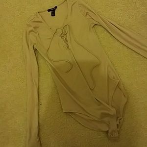 Beige Lace-up, Long Sleeved Body Suit
